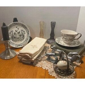 Vintage Farmhouse Decor Lot Pewter Napkin Rings Candlesticks Teacup Book Lace...
